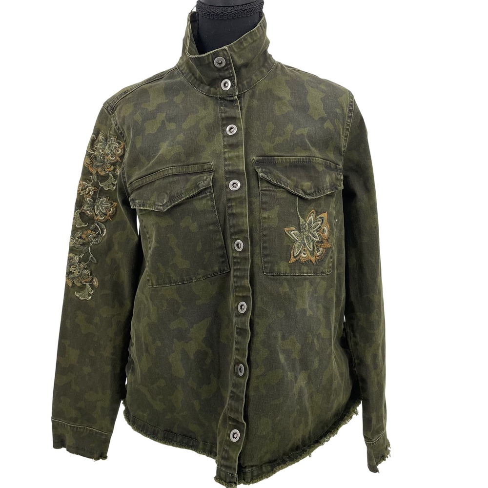 Vintage America Blues Carmen Jacket Womens S Green Camo‎ Floral Utility Boho